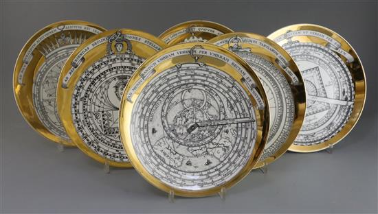 A set of six Piero Fornasetti Astrolabio series plates, dated 1965-70, D. 24cm, with original faux malachite boxes